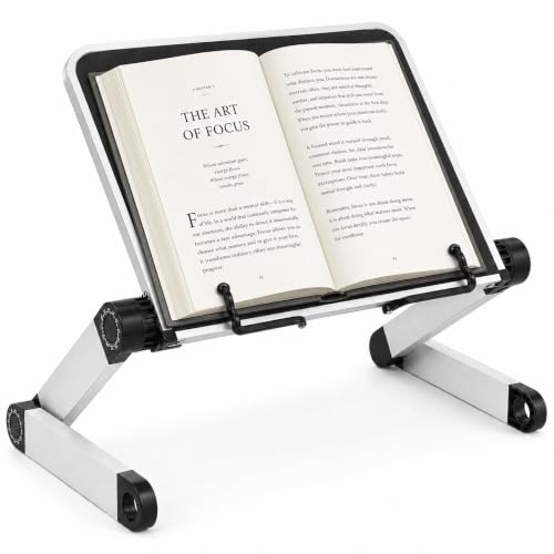 Support Livre Réglable en Hauteur, Pupitre de Lecture avec Bras en Alliage d'Aluminium, Porte Livre Pliable pour Livres Épais, Recettes, Partitions, Tablette, iPad, Ordinateur Portable