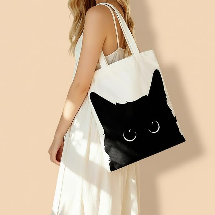 Yivona Canvas Tote Bag for Women, 100% Cotton Cat Tote for Shopping, Travel, School, Gift for Girls, Book Lover, Birthday - Image 2