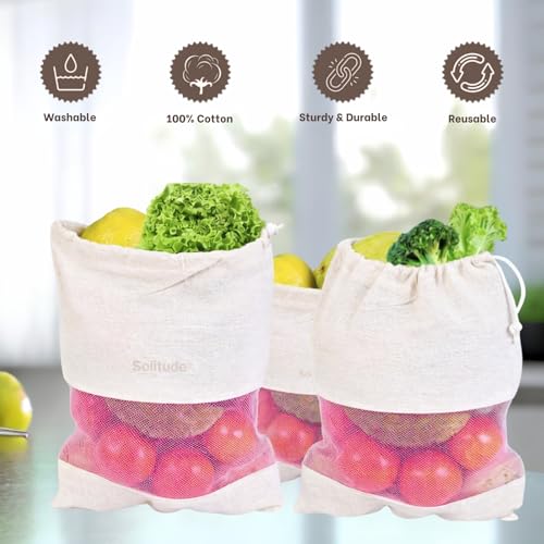 Image of Solitude Set of 3 Cotton Vegetable Bags Fridge Storage Bag Sabji Fruits Pouch Refrigerator Produce Muslin Reusable Washable & Multipurpose use Cloth Bags with Drawstrings
