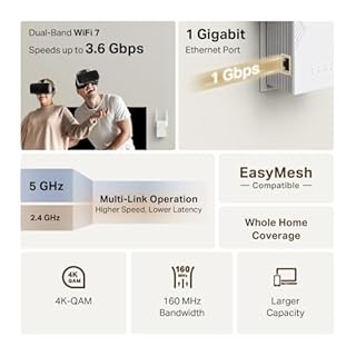 TP-Link WiFi Repeater 7 RE225BE, Powerful BE3600 Dual-Band 3.6Gbps Amplifier, Gigabit Ethernet Port, EasyMesh, Compatible with Internet Boxes, Enjoy Without Changing Your Box