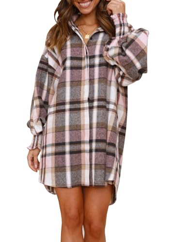 Danedvi Womens Oversized Flannel Plaid Shirts Jacket Button Down Long Ballon Sleeve Boyfriend Shacket Coats3