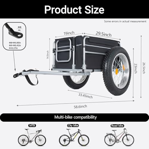 ZeHuoGe Bike Cargo Trailer with 23\"x4.0\" Fat Tires, 150LBS Load Capacity, Heavy-Duty Bicycle Trailer with Universal Hitch, Foldable Compact Storage, for Camping, Groceries & Hauling Essentials