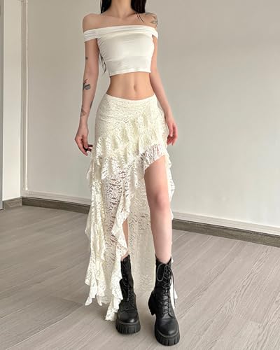 Women Lace Long Skirts Summer Elastic Asymmetrical Layered Hem Ruffles Floral Maxi Skirts3