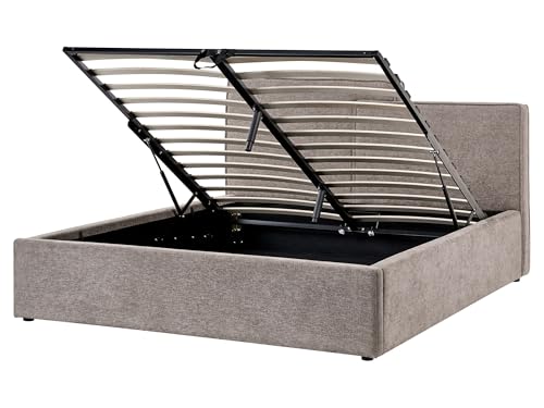 Letto Contenitore Rivestito In Tessuto Grigio Marrone 160 X 200 Cm Testiera Asimmetrica A Gradini In Stile Scandinavo-image