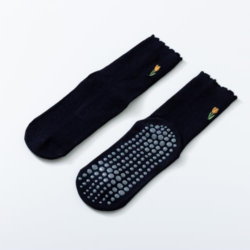 Image of Verdancy Yoga Pilates Socks with Non-Slip Grips Ruffle Trim Tulip Embroidered Cushioned Crew Socks for Barre Ballet Dance