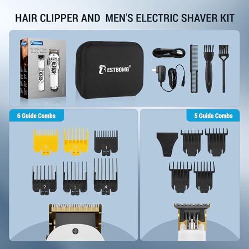 BESTBOMG Hair Clippers & Trimmer Ceramic T-Blade Cordless Haircut Sets Rechargeable 2000mAh/1200mAh with 10 Guide Combs & for Men/Father/Husband/Boyfriend