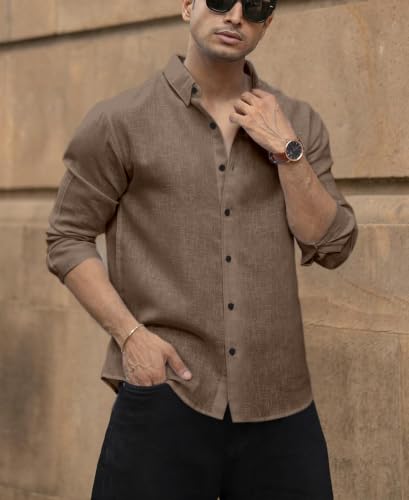 Image of NexaFlair Men's Shirt Regular Fit Solid Pattern Linen Cotton with Long Sleeve Collared Neck Standard Length and Button Down Closure Type | Mens Casual Shirts | Man's Formal Shirts