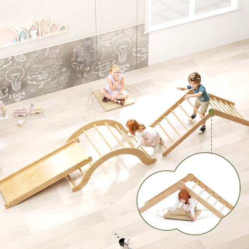 Trintion 4-in-1 Indoor-Klettergerüst für Kleinkinder, Montessori-Klettergerüst-Set mit Holz-Kletterdreieck, Bogen, Rutsche und kurzem Kissen, faltbares Kletterspielzeug für Kinder