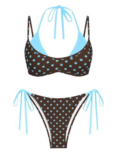 Image of ZAFUL Women's Polka Dot Bikini Set Double Layer Halter Swimsuit Colorblock Side Tie 2 Piece Bathing Suit