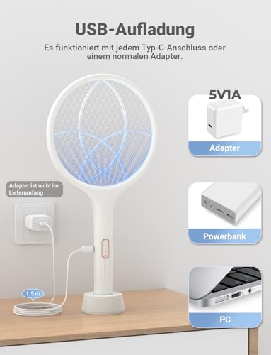 YISSVIC Elektrische Fliegenklatsche extra stark 4000V 2 in 1 USB C mit Akku Aufladbar Elektro Mückenklatsche mit UV Lichtfalle Moskito Weiß