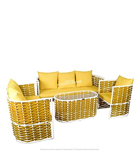 Image of LOCCUS 4-Piece Indoor /Outdoor Rope Woven Patio Conversation Set, Modern Sofa with Powder-Coated Iron Frame & Waterproof Cushions for Balcony, Backyard, Living Room, Garden (Yellow)