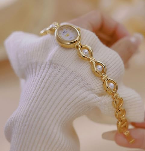 Elegant Pearl-Embellished Women's Dress Watch with Oval Dial and Gold Bracelet - Waterproof Analog Fashion Timepiece - Image 7