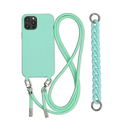 FIFTHAVE iPhone 14 Pro Cellular Phone Case, Mint Green Silicone Bumper Case with Lanyard, Adjustable Necklace Strap