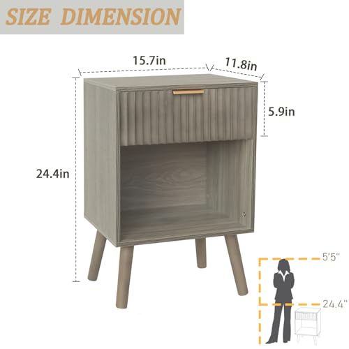Image of Fultyle Mid Century Modern Nightstand, Wood Bedside Table with Drawer and Opening Storage, End Table Living Room Fluted Night Stand with Solid Wood Legs for Bedroom (Grey)