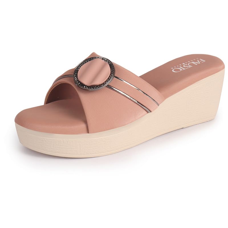 Image of FAUSTO Women Buckle Design Wedge Heel Sandals | Comfortable Slip-On Platform Slides For All Day Wear, Casual and Party | Soft Cushioned Insole