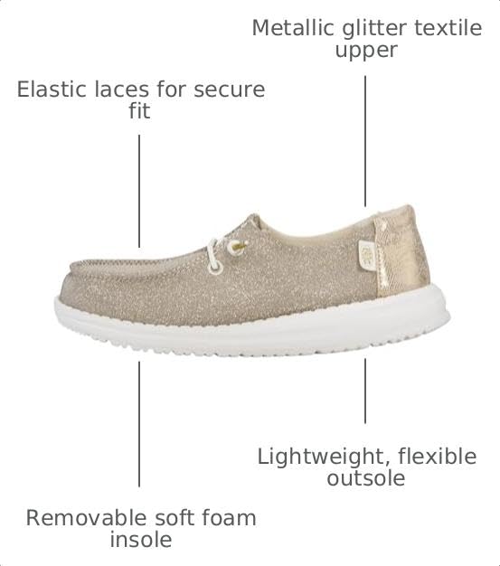 Image of HEYDUDE Girl's Youth Wendy Metallic Sparkle Slip On Loafer | Glitter Upper