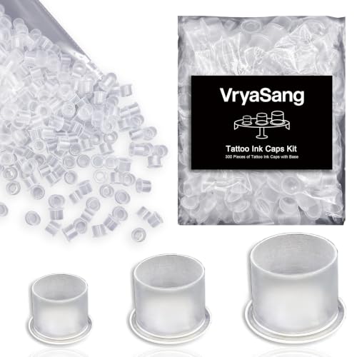 VryaSang 300Pcs Tattoo Ink Caps Kit with Base - 100 Small 100 Medium 100 Large Tattoo Ink Caps for Permanent Makeup Tattoo Ink Container Tattoo Kit Tattoo Supplies (MIX 300pcs)