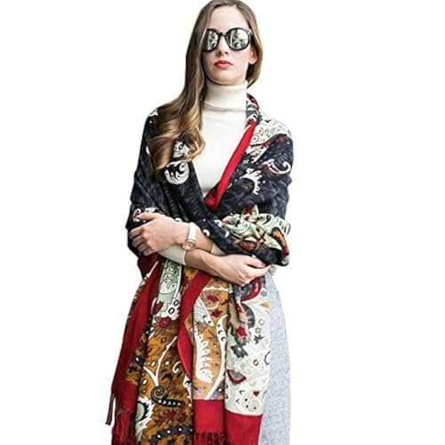 DANA XU Luxury 100% Pure Wool Oversized Extra Large Warm Floral Cashmere Pashmina Scarf Shawl And Wrap For Women Blanket Cape, 59 Red&black, 96 * 42 INCH