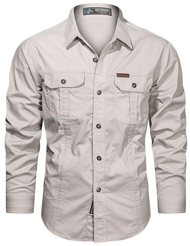 Image of PADOLA Men's Shirt Military Cargo Style Tactical Long Sleeve Shirts for Men UK Button Down Outdoor Hiking Overshirts(S,Beige)