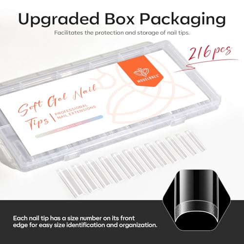 Image of Modelones Long Square Nail Tips 2xxl Straight No Curve Half Cover Soft Gel | Acrylic Clear Full Cover Press on Extension Kit Gel Manicure DIY at Home 216PCS 12Sizes