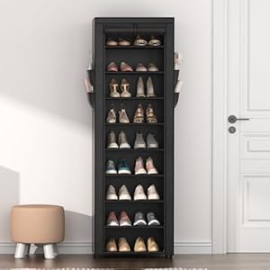 Shoe rack with cover narrow shoe rack organizer with 4 side pockets 10 tier tall shoe storage shoe shelf holds 18 22 pairs shoes and boots shoe rack for closet entryway garage  urban country home decor
