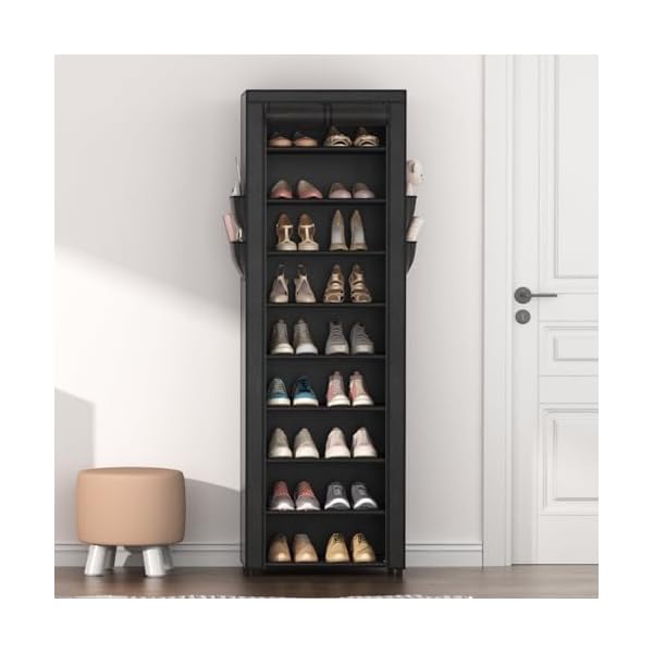 Shoe rack with cover narrow shoe rack organizer with 4 side pockets 10 tier tall shoe storage shoe shelf holds 18 22 pairs shoes and boots shoe rack for closet entryway garage  urban country home decor