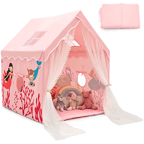 COSTWAY Tienda Campaña Infantil, Tienda de Campaña de Interior con Alfombra Acolchada Extraíble, Tienda con Puerta de Gasa, Ventanas de Malla Transpirable, Coloridos Motivos Decorativos (Rosa)