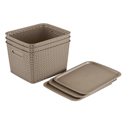 Image of KOLORR Royal Baskets 3 Large Basket with 3 Lid - LT Brown | stackable| easy to clean | strong and durable | BPA free | Multipurpose Plastic Storage Basket, Rectangular