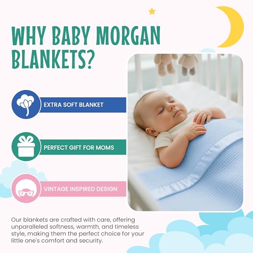 Image of Blankets Thermal Waffle Baby Blanket Crib Bedding - Soft Cozy Warm Infant Thermal Cover for Nursery Stroller or Bassinet, Lightweight Ideal Shower Gift, Satin Trim Blue 36 inch x 50 inch
