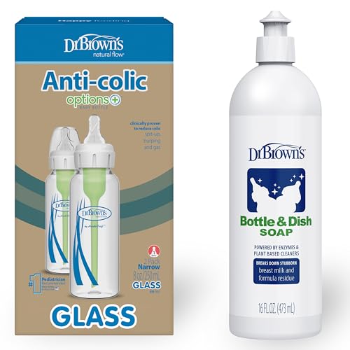 Image of Dr. Brown's Natural Flow Anti-Colic Options+ Narrow Glass Baby Bottles, 8oz/250mL, with Level 1 Slow Flow Nipple, 2-Pack, 0m+ & Fragrance-Free Dish Soap, 16oz