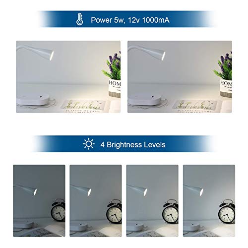 Topmb Wall Mount Reading Light, Focused Book Light For Reading In Bed, 5 Dimming, Usb Output, 4 Hours Auto Off, Touch Control, Flexible Gooseneck Headboard Reading Lamp, Easy To Install (4000K White) #TOP7
