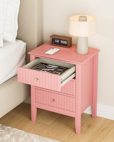 Image of Fluted Nightstand, Farmhouse Night Stand with 3 Drawers, Mid Century Modern Side Accent Table,Bedside End Table for Bedroom, Living Room, Pink