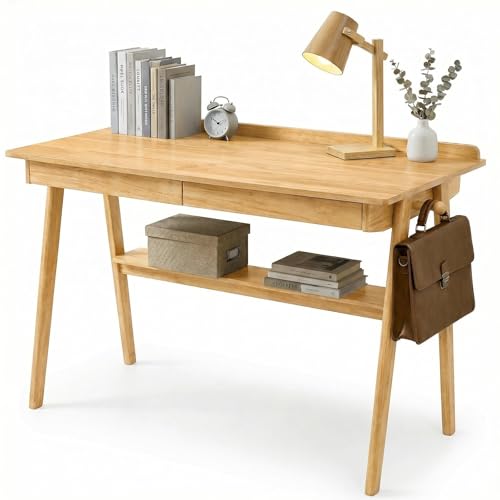 KEIKI Solid Wood Writing Desk with Drawers, 47" Computer Desk with Shelf for Home Office Work, Study, Natural by KEIKI - Used condition - US$160.75