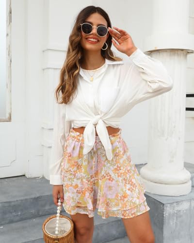 Image of Aoudery Flowy Shorts for Women Casual Boho Floral Skorts Ruffle Mini Skirts Running Tennis Butterfly Chiffon Shorts