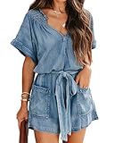 DEPENSL Womens Ruffle Denim Romper Summer Short Sleeve V Neck Belted Overall Shorts Romper With Pockets(Blue, X-Large)