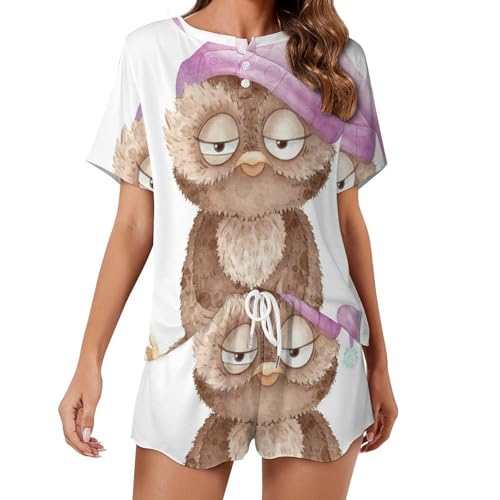 Pyjama femme manches courtes vêtement de nuit chouette cartoon