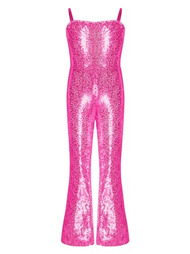 IEFIEL Mono Lentejuelas de Fiesta para Niñas sin Manga Mono Acampanado de Discoteca Hippie Disfraz de Barbi Cosplay Cumpleaños Carnaval Costume 5-16 Años Rosa caliente 11-12 años