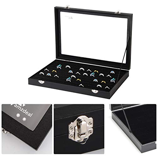amzdeal Ring Storage Box -100 Slots Jewelry Ring Display Case with Glass Lid, Jewelry Storage Tray, Ring Holder Organizer, Ideal Gift for Women/Men, Black - Thumbnail 5