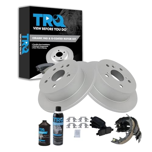 Image of TRQ Rear Brake Pad & Rotor Kit, with Chemical Kit Parking Brake Shoe Set Ceramic Premium G-Coated Compatible with 2005-2007 Toyota Avalon 2002-2006 Camry 2004-2008 Solara