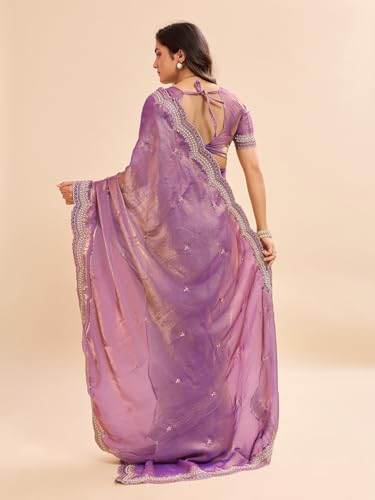 Image of Embellished Embroidered Pure Chiffon Heavy Work Saree