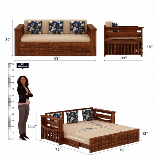 Image of Ganpati Arts Solid Sheesham Wood 3 Seater Diamond Sofa Cum Bed with Side Pocket for Living Room Bedroom Wooden Bedroom Furniture for Home 1 Year Warranty (Natural Finish)