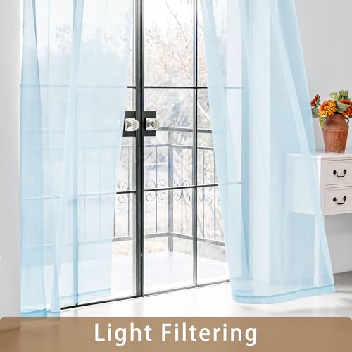 Image of Blue Sheer Curtains 108 Inches Extra Long, Privacy Semi Sheer Curtains for Living Room Bedroom, Light Filtering Rod Pocket Voile Window Drapes 2 Panels Set, Each 42 inch W x 108 inch L
