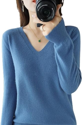 Rvnsu Women Cashmere Sweater,Lightweight Classic-Fit Pullover Sweater V Neck Long Sleeve Sweater Thin Knit Top (X-Large,Blue)