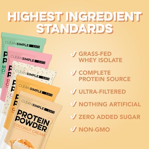 Image of Clean Simple Eats Whey Isolate Protein Powder, Variety Pack, Naturally Sweetened, Zero Added Sugar, 20g 100% GrassFed Protein Powder with Digestive Enzymes, GlutenFree, Non GMO, 10 Single Serve Pack