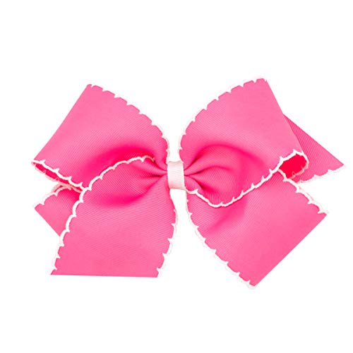 Wee Ones Girls' Classic Grosgrain Moonstitch Edge Hair Bow, No-Slip Hair Clip, Handmade, Hot Pink with White, King