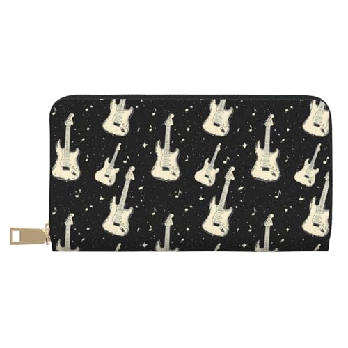 Leather Thin Slim Wallets for Women & Men - Star White Guitar Print Card Wallet Holder with Zipper
