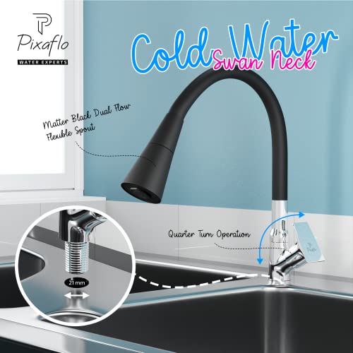 Image of Pixaflo Brass Swan Neck Tap with 360-degree Swivel Black Flexible Silicone Swivel Spout for Kitchen Sink and Wash Basin, Dual Flow (Sea)