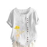 Tuianres Casual T Shirts for Women Loose Fit Sunflower Girl Print Shirt Row Button Cotton Linen Blou
