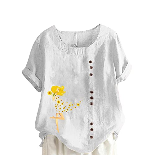 Tuianres Casual T Shirts For Women Loose Fit Sunflower Girl Print Shirt Row Button Cotton Linen Blouse 2023 Summer Tops #TOP5