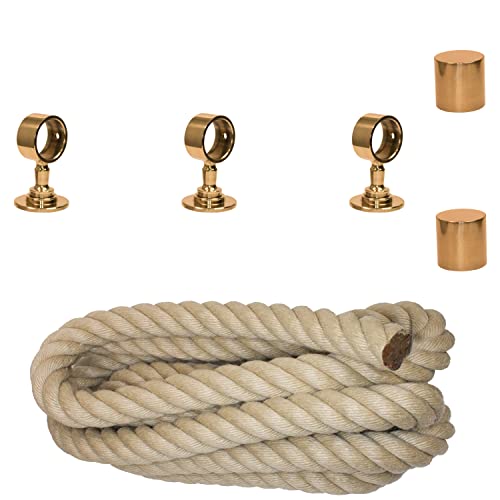 Handlaufseil-Set Ø 30 mm – 3 m Polyhanf-Seil „Nature Touch“ naturfarben mit 2 Endkappen & 3 Seilträgern, Messing glänzend | Treppe & Geländer